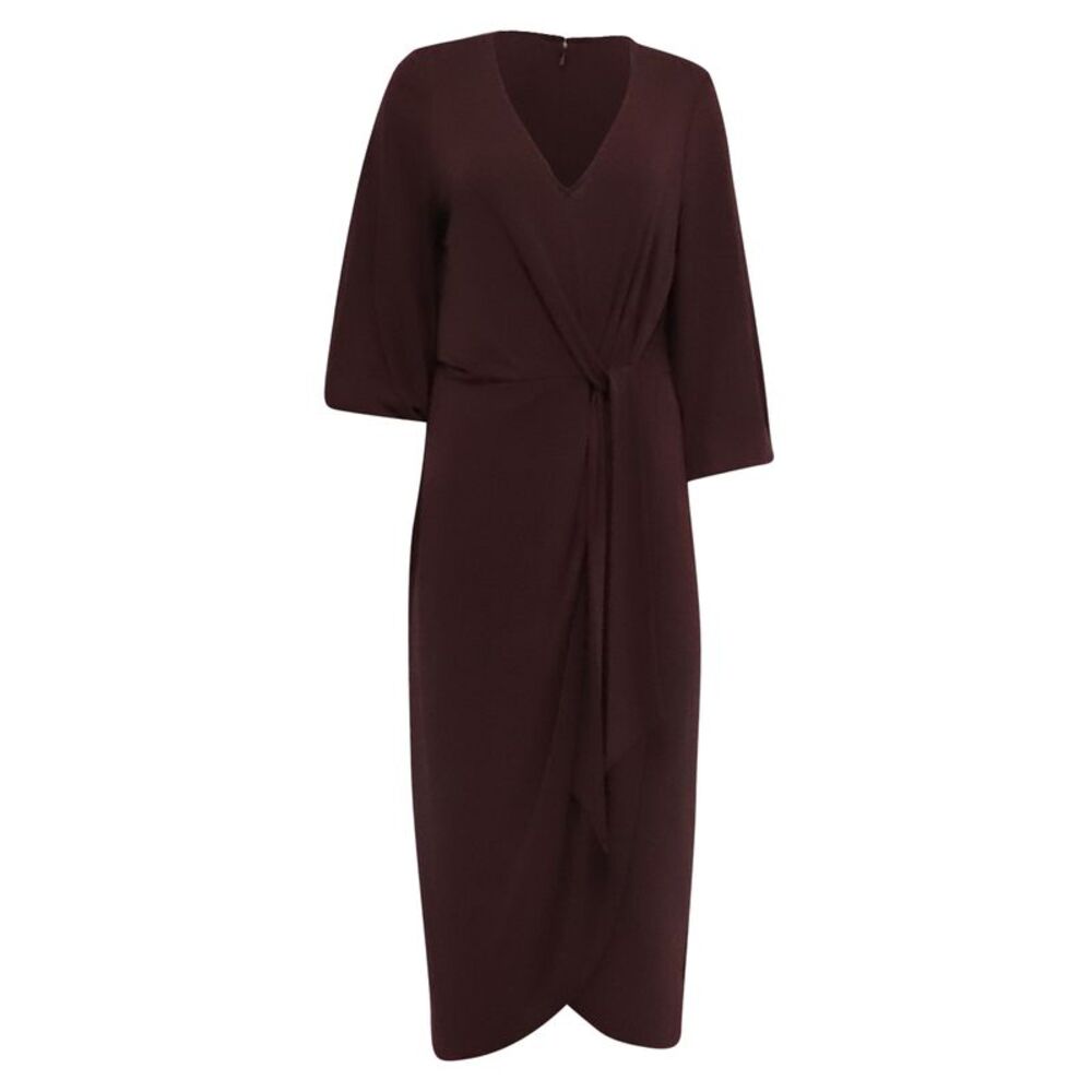 Lauren Ralph Lauren V-Neck Cinched Waist Midi Dress in Burgundy Polyester